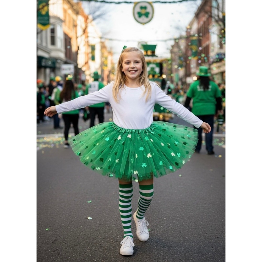 NEW Green Shamrock St Patricks Day Tutu Skirt Girls One Size Clover Costume